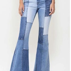 Patchwork Flare Jeans - Blue